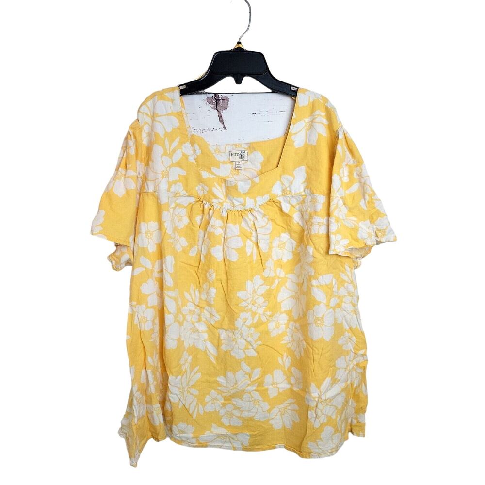 Terra & Sky‎ Yellow Floral Linen Blend Square Neck Peasant Top Women's Size 2X